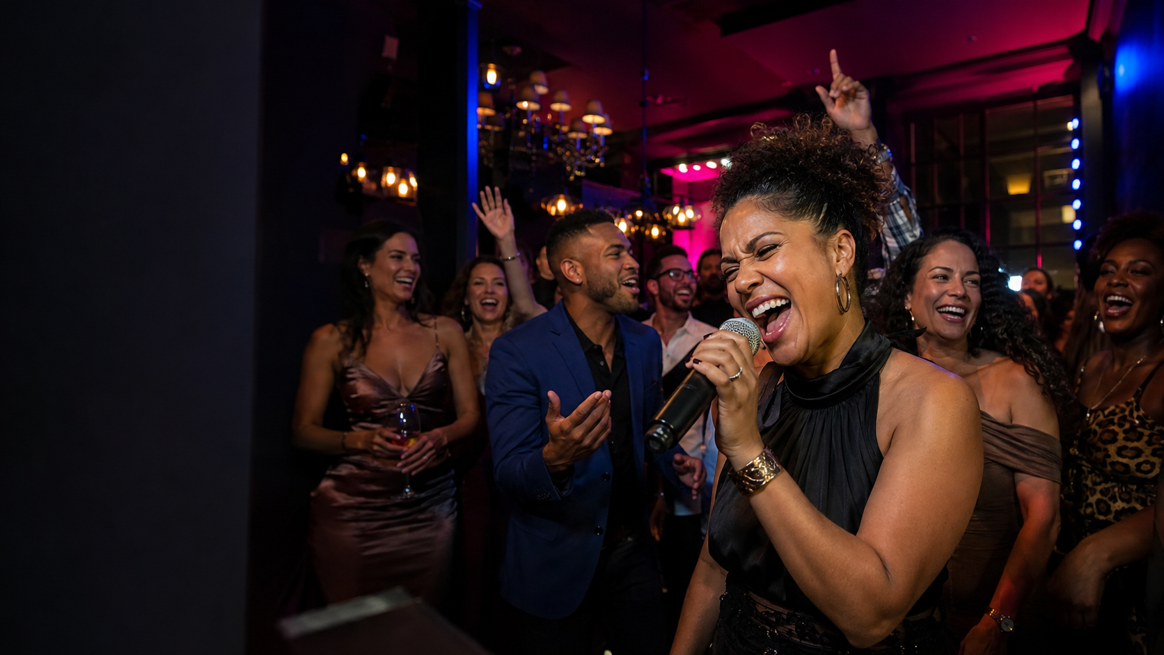 Guests singing and dancing at a SOVA-style nightlife event